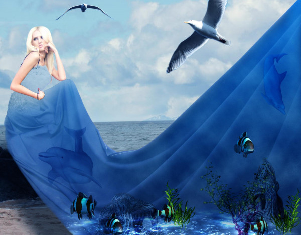 Обои картинки фото разное, компьютерный дизайн, девушка, блондинка, море, платье, рыбы, дельфин, чайка