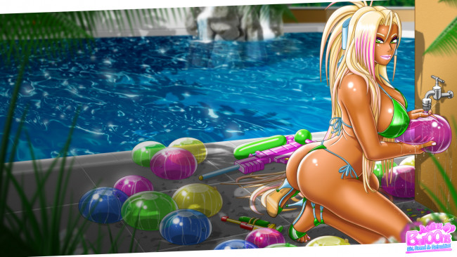 Обои картинки фото рисованное, комиксы, девушка, купальник, взгляд, фон, бассейн