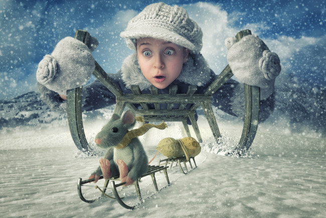 Обои картинки фото разное, компьютерный дизайн, арахис, санки, зима, девочка, мышь, снег