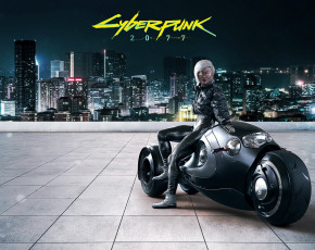 Картинка видео+игры cyberpunk+2077 девушка фон мотоцикл город униформа очки