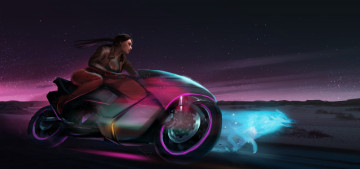 Картинка фэнтези девушки девушка фон гонка байк волк