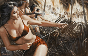 Картинка рисованные люди девушка амазонка джунгли засада