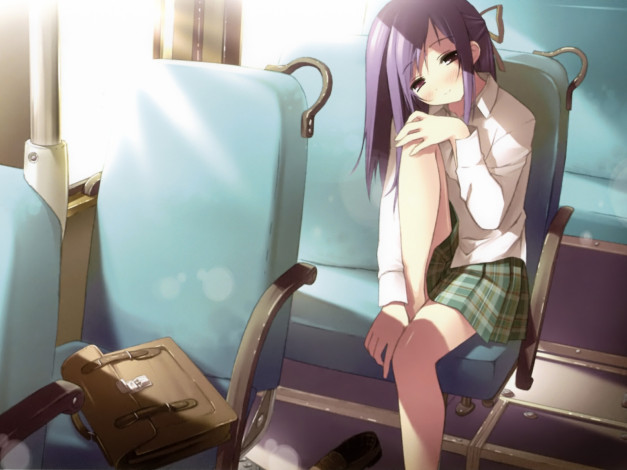 Обои картинки фото аниме, kantoku, artbook, школьная, форма, автобус, девушка