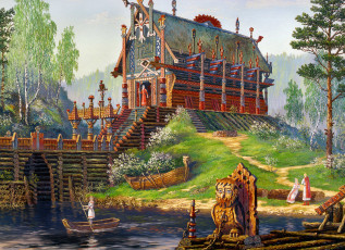 обоя храм, свентовида, весна, рисованные, всеволод, иванов, река, лодка, русский, фольклор