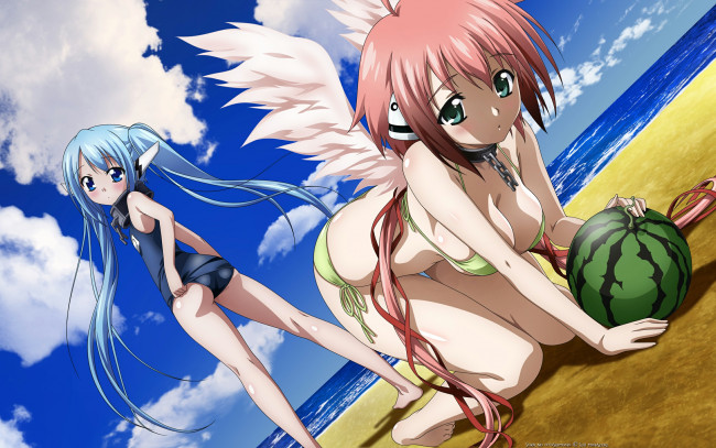Обои картинки фото аниме, sora, no, otoshimono, лето, купальник, ангел, пляж, арбуз