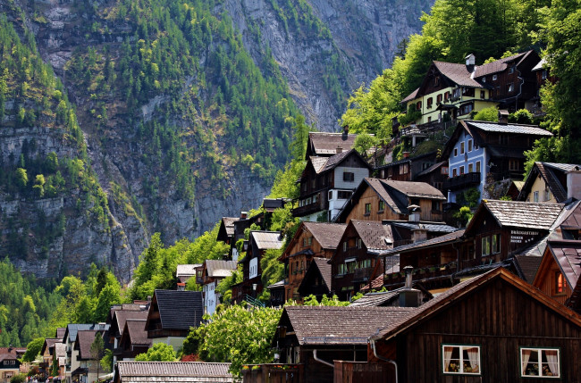 Обои картинки фото hallstatt, austria, города, пейзажи, гора, склон, гальштат, австрия, домики