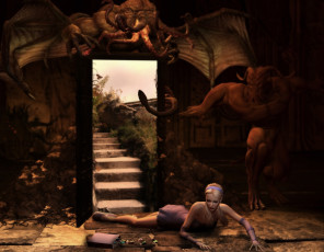 Картинка 3д+графика фантазия+ fantasy подземелье фон взгляд девушка