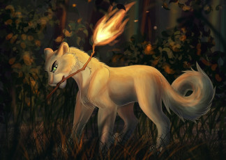 Картинка рисованное животные +сказочные +мифические огонь ветка волк