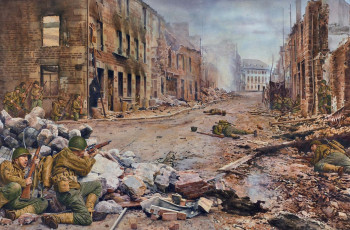 Картинка рисованное армия война бой сражение солдаты город дома здания развалины