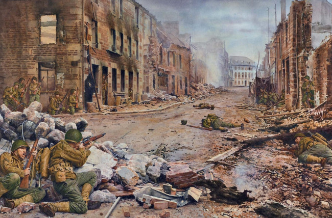 Обои картинки фото рисованное, армия, война, бой, сражение, солдаты, город, дома, здания, развалины