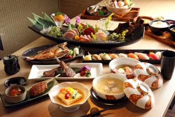 Картинка еда разное мясо блюда суп морепродукты суши рыба ассорти тофу японская кухня рис