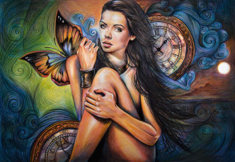 Картинка рисованное живопись девушка фон взгляд бабочка