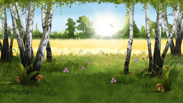 Картинка векторная+графика природа+ nature поле берёзы солнце грибы лето