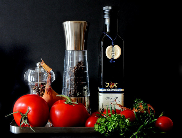 Обои картинки фото еда, разное, зелень, масло, лук, перец, помидоры, томаты