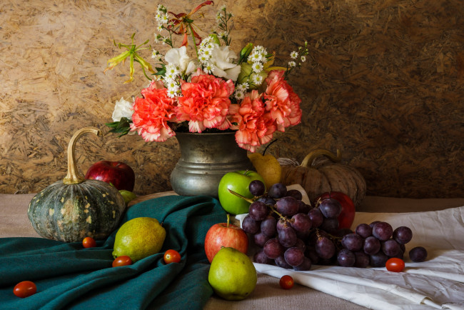 Обои картинки фото еда, фрукты,  ягоды, букет, виноград, яблоки