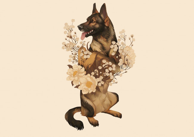 Обои картинки фото рисованное, животные,  собаки, собака, цветы