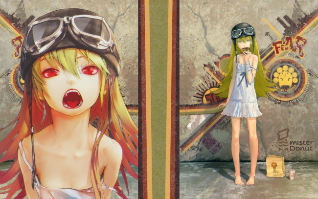 Обои картинки фото аниме, bakemonogatari, oshino shinobu, девушка, платье, шлем, пончик, надпись, стена, клыки