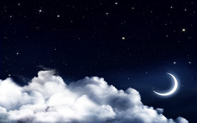 Обои картинки фото космос, луна, небо, облака, звезды, серп
