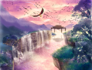 Картинка аниме pokemon птицы скалы деревья природа река водопады закат покемоны арт