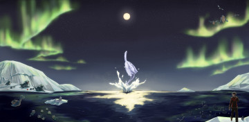 Картинка аниме pokemon горы луна северное сияние звёзды ночь покемоны арт парень лёд