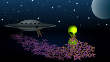 Картинка 3д+графика фантазия+ fantasy летающая тарелка гуманоид планета цветы звезды
