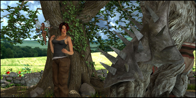 Обои картинки фото 3д графика, фантазия , fantasy, девушка, взгляд, фея, дерево