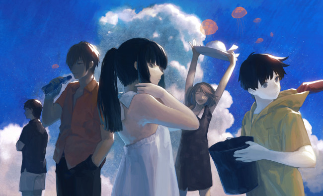 Обои картинки фото аниме, *unknown , другое, девушки, парни, арт, бутылка, группа, небо, облака, медузы, люди