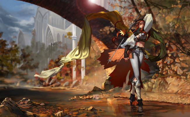 Обои картинки фото фэнтези, эльфы, эльф, девушка, оружие, меч, косы, шарф, река, листья, осень
