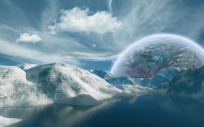 Обои картинки фото 3д графика, атмосфера, настроение , atmosphere ,  mood , планета, озеро, облака, горы
