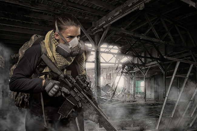 Обои картинки фото девушки, -unsort , девушки с оружием, оптика, оружие, штурмовая, винтовка, развалины, девушка