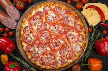 Картинка еда пицца сыр перец овощи колбаса