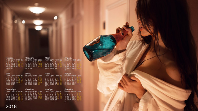 Обои картинки фото календари, девушки, коридор, халат, шампанское, бутылка