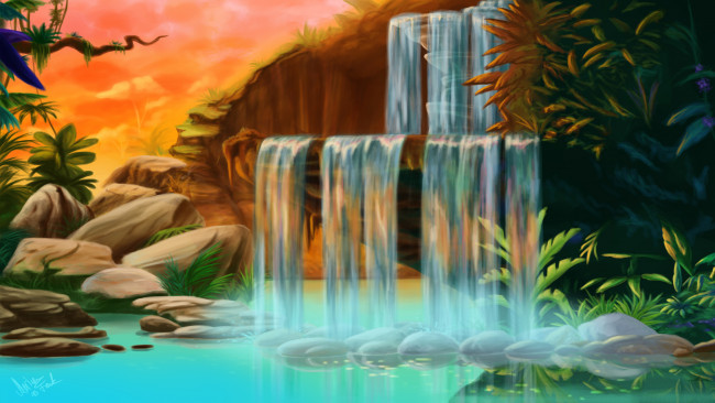 Обои картинки фото рисованное, природа, водопад, камни, озеро, джунгли, пейзаж