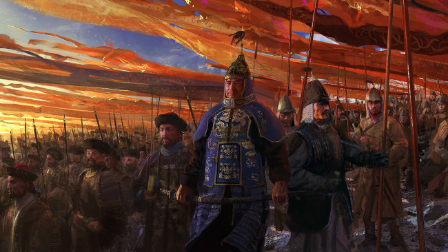 Обои картинки фото видео игры, age of empires iii,  the asian dynasties, войско, флаги, закат