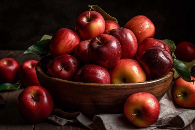 Обои картинки фото еда, яблоки, миска, красные, капли
