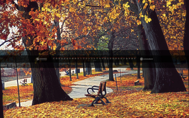 Обои картинки фото календари, природа, скамейка, деревья, листья, осень