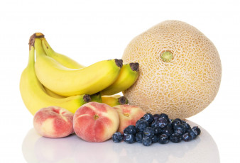 Картинка еда фрукты ягоды дыня персикм черника бананы