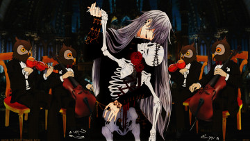 Картинка аниме kuroshitsuji скелет оркестр танец совы