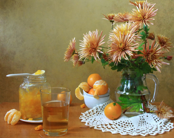 Обои картинки фото еда, натюрморт, хризантемы, сок, апельсины, джем