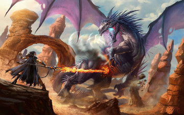 Картинка фэнтези драконы скалы сражение дракон маг колдун девушка