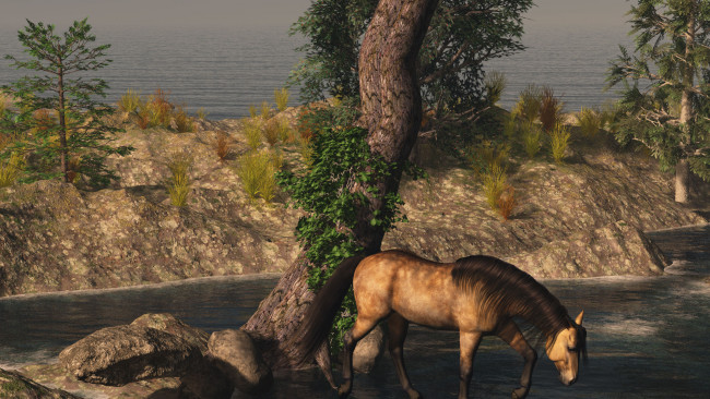 Обои картинки фото 3д графика, животные , animals, лошадь, дерево, река