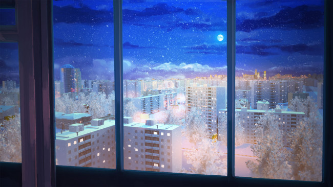 Обои картинки фото аниме, -merry chrismas & winter, небо, vvcephei, arsenixc, iichan, eroge, огни, иней, ночь, квартира, луна, зима, окно, снег, облака, город