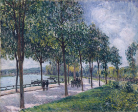 Картинка alley+of+chestnut+trees рисованное alfred+sisley экипаж люди дорога аллея деревья река