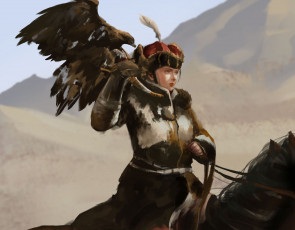 Картинка рисованное люди девушка горы орел птица охотница всадница