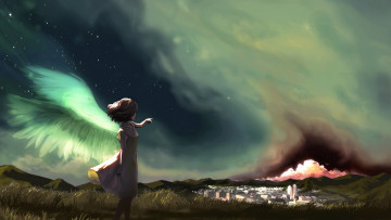 Картинка аниме ангелы +демоны звезды небо город крылья девушка akio akio-bako арт