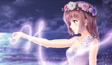 Картинка аниме unknown +другое магия девушка alc арт венок цветы слезы облака небо ночь