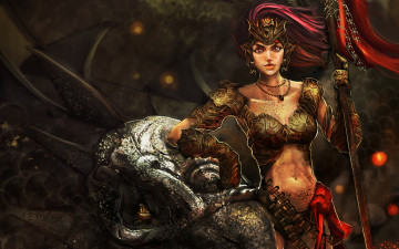 Картинка фэнтези красавицы+и+чудовища девушка дракон воин копье