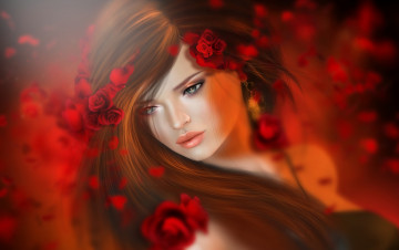 Картинка 3д+графика портрет+ portraits волосы брюнетка девушка красный цветы розы