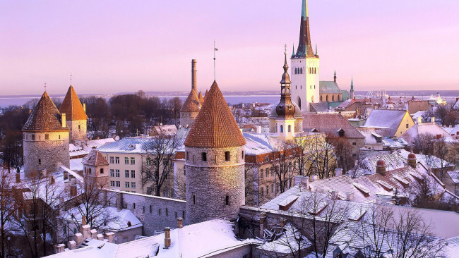 Обои картинки фото города, таллин , эстония, снег, зима, панорама, город, башни, крыши