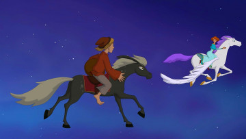 обоя мультфильмы, иван царевич и серый волк 2, полет, лошадь, мальчик, девушка